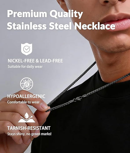 Jewlpire 4mm Wheat Chain Necklace for Men, Silver Tone/Black/14K Gold Plated Stainless Steel Necklace Chain, Mens Chains Necklaces 16 18 20 22 24 26 Inch