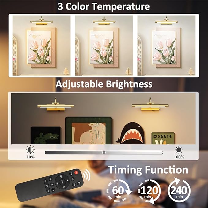 Aipsun 11.8" Brass Picture Lights for Wall Rechargeable,10000mAh Battery Operated Art Light for Paintings,3CCT Dimmable, Rotatable Gallery Light for Pictures Display
