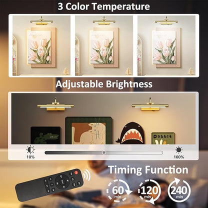 Aipsun 11.8" Brass Picture Lights for Wall Rechargeable,10000mAh Battery Operated Art Light for Paintings,3CCT Dimmable, Rotatable Gallery Light for Pictures Display