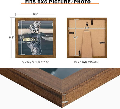6x6 Picture Frame Brown, Rustic Natural 6x6in Photo/Portrait/Poster/Art Frame, Wall Hanging/Tabletop, Horizontal/Vertical Display Gallery Family Wedding Memorial Pic Frame Gift