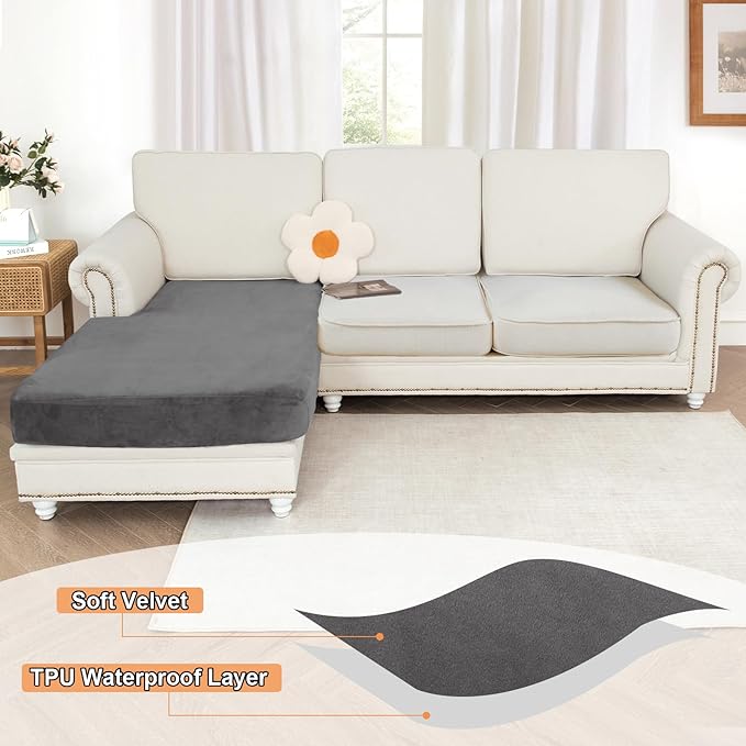 NAISI Waterproof Couch Cushion Covers Thick Velvet Fabric Washable Sofa Slipcovers 1 Piece Individual Sectional Couch Covers with Elastic Bottom(1 PC for Chaise Lounge,Grey)