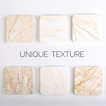 Koville Marble Coasters Set of 5, Square Coasters with Holder for Drinks, 4" Cup Coaster for Coffee Table Home Office Bar Decor, Heat Resistant Decorative Drink Coaster (White&Gold)