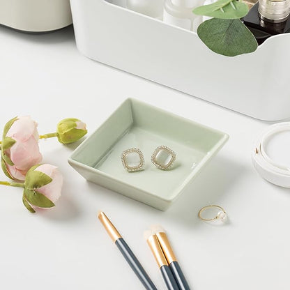 Ceramic Trinket Dish, Ring Tray, Decorative Jewelry Dish for Earrings Necklaces Watch Keys for Women (green square)