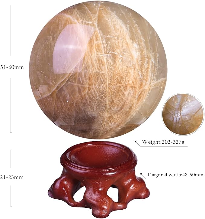 Nupuyai Natural Orange Moonstone Crystal Ball with Resin Stand, Healing Crystal Sphere for Home Decor 2.01"-2.36"(51mm-60mm)