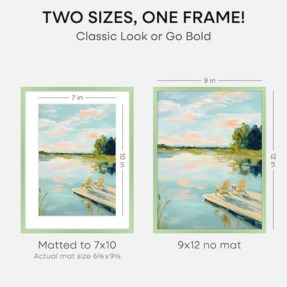 Homeforia 9x12 Sage Green Frame, High End Metal 9 x 12 Picture Frame with Mat 7 by 10 inch Photo, 9by12 Poster Frame Matted to 7x10 Art, 12x9 Wall or Tabletop Frame, Tempered Glass, Wall Kit, Set of 2