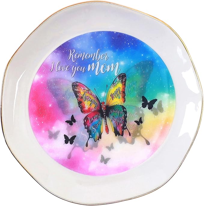 HOME SMILE Mother's Day Gifts for Mom Unique -I Love You Mom Jewelry Ring Dish Tray with Dynamic Butterfly Pattern Shifts for Mother