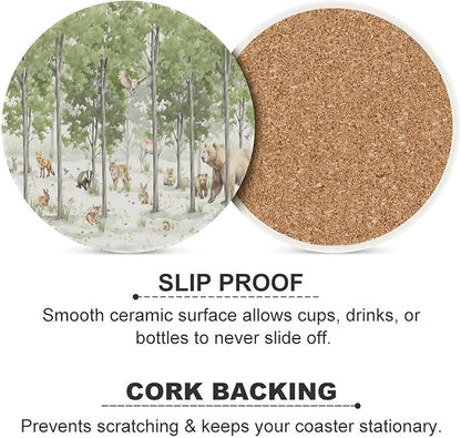 Round-4PCS Forest Drink Coasters, Round Modern Ceramic Absorbent Coasters, Cartoon Forest Nature Animal Bear, Deer, Fox, Rabbit Style Decor Desk Coffee Table Coaster for Beverage Cup Tea Coasters