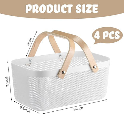 Sadnyy 4 Pcs Plastic Mesh Garden Harvest Basket Storage Basket with Wooden Handle Multi Functional Mesh Bin for Kitchen Cabinet Picnic Fruit Vegetable Gathering Organizer(Large,White)