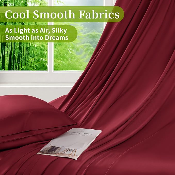 Shilucheng 100% Viscose Derived from Bamboo_ Sheets Queen Size 4pcs - Ultra Cooling & Silky Soft Bed Sheets, 16" Deep Pocket, Perfect for Hot Sleepers, Hotel Bedding Sheets (Burgundy)