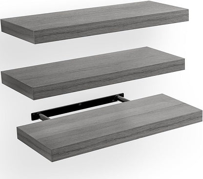 AMADA HOMEFURNISHING Floating Shelves, Wall Shelves for Bathroom/Living Room/Bedroom/Kitchen Decor, Grey Shelves with Invisible Brackets Set of 3 - AMFS07G