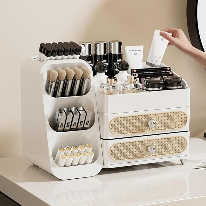 Makeup Organizer with Drawers,Large Capacity Countertop Organizer for Vanity,Bathroom and Bedroom Desk Cosmetics Organizer,Easy To Storage Skincare,Brushes,Lotions,Lipstick (All white)