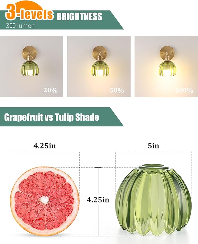 Tulip Lamp Shades Replacement, 5" Dia. * 4.25" H Green Glass Sconce Shade Heavy and Thick for Wall Sconces Pendant Lights Ceiling Lights Chandelier, 2 Pack