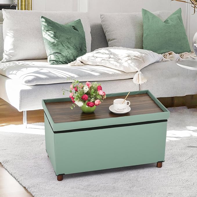 Ottoman Storage Bench for Living Room with Tray, Bedroom Foot Stool, Coffee Table Lid, Footstool with Legs, End of Bed - Faux Leather, 30" Inch (L-Blue)