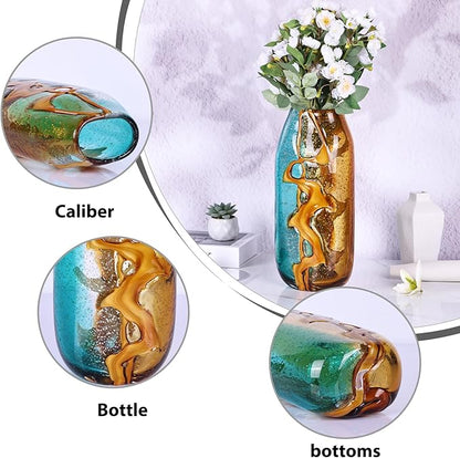 Teal Glass Vase,Hand Blown Green Flower Bulk,Murano Glass Vases,Unique Table Decor, Flowers with Decorative,Teal Vase Decor,for Bookshelf,Living Room,Office,Gift (L)