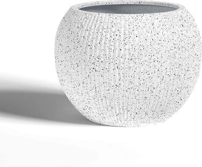 DTY Signature Mount Sherman Modern Indoor Outdoor Fiberstone Sphere Planter, Durable Round Garden Pot, Weather Resistant, Drainage Hole & Rubber Plug (Ribbed White, Large)