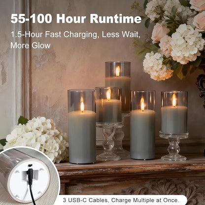 Rechargeable Flameless Candle, Flashing LED Pillar Real Wax Candle with Remote Control and Timer, Clear Glass Electronic Candles, 1 Set of 5（Gray）
