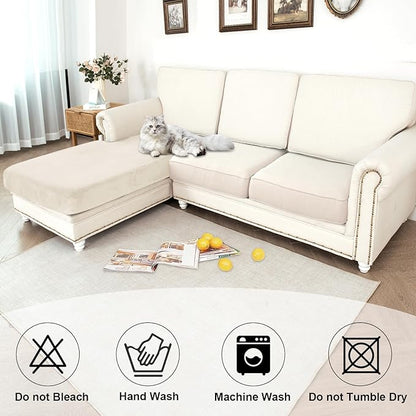 NAISI Waterproof Couch Cushion Covers Thick Velvet Fabric Washable Sofa Slipcovers 1 Piece Individual Sectional Couch Covers with Elastic Bottom(1 PC for Chaise Lounge,Ivory White)
