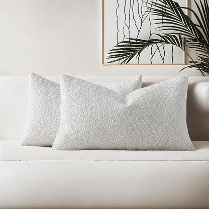 HAUSSY Christmas White Set of 2 12x20 Decorative Throw Pillow Covers, Soft Cozy Textured Boucle Lumbar Pillow Cases, Home Decor for Couch Bed Living Room