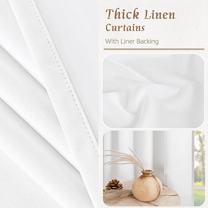 LAMIT Extra Wide 100% White Blackout Linen Curtains 63 Inch Length, Linen Textured Thermal Bedroom Curtains Back Tab and Rod Pocket Neutral Panels with White Liner, 2 Panels, 60 x 63 Inch