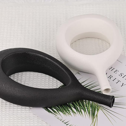 Black and White Ceramic Hollow Elliptical Vase Set of 2 - Boho Circle Vase with Hole, for Modern Black and White Table Decor, Living Room Decor Shelf mid Century Modern Home Entrance Decorative vase