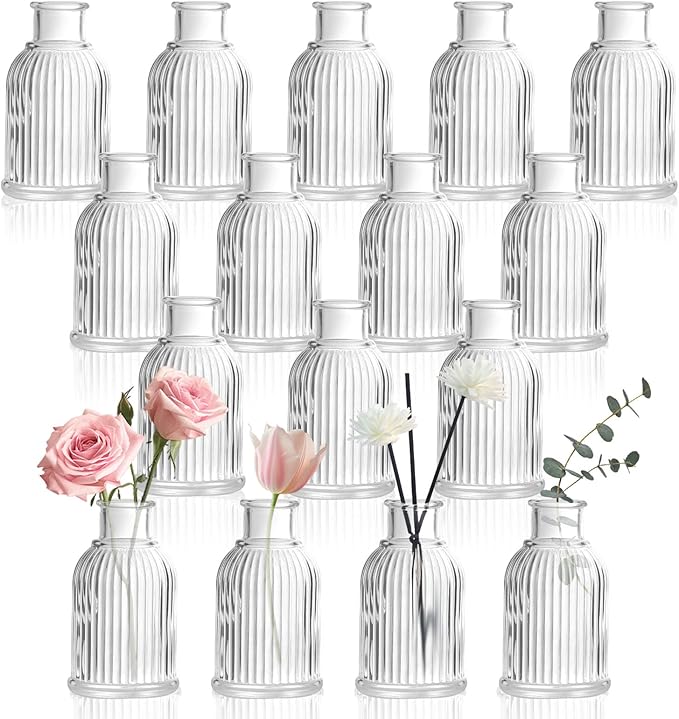 DomeStar 16PCS Glass Bud Vases Set for Bouquet, Mini Clear Vintage Clear Cylinder Vases for Flowers, Small Flower Vase Suitable for Birthday Party, Anniversary, Wedding, Baby Shower Party Home Decor