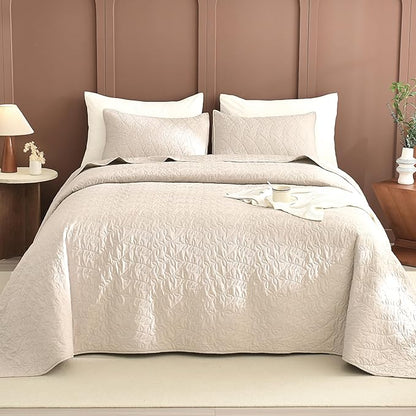 Sanracie California King Quilt Set 128"x 120", Wheat Colored 100% Cotton Oversized King Bedspread Coverlet Set Leaves Quilting 3Pcs Extra Large Wide Quilt Bedding Set for All Season Lightweight Soft