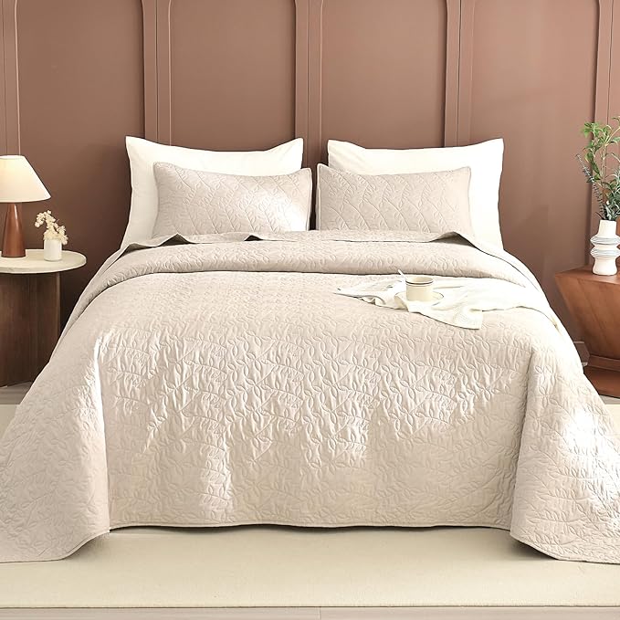 Sanracie Oversized King Quilt Bedspreads 120"*120" for Extra Bed, 100% Cotton Coverlet King Size Leaves Quilting Wheat Colored Super Large Wide California King Bed Quilt Sets Soft Lightweight