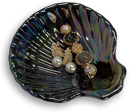 Shell Jewelry Dish Tray, Ceramic Trinket Tray Clamshell Jewelry Storage Dish, Ring Holder Dish Key Bowl, Decorative Jewelry Plate, Cute Jewelry Organizer for Room Decor (Multicolor Black)