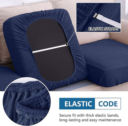 hyha Waterproof Couch Cushion Covers for Pets, Non Slip Sofa Seat Cover for Dogs Washable, Soft Thick Stretch Jacquard Fabric, Sofa Slipcovers with Elastic Bottom (1 Chaise+2 Seater, Navy)