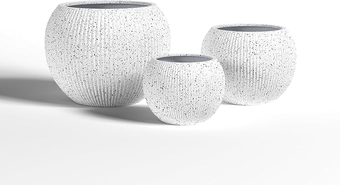 DTY Signature Mount Sherman Modern Indoor Outdoor Fiberstone Sphere Planter, Durable Round Garden Pot, Weather Resistant, Drainage Hole & Rubber Plug (Ribbed White, Large)