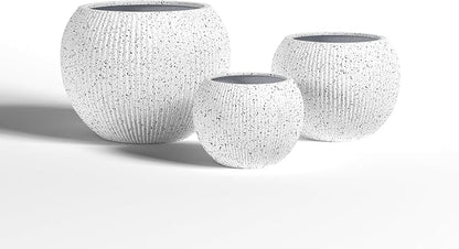 DTY Signature Mount Sherman Modern Indoor Outdoor Fiberstone Sphere Planter, Durable Round Garden Pot, Weather Resistant, Drainage Hole & Rubber Plug (Ribbed White, Large)
