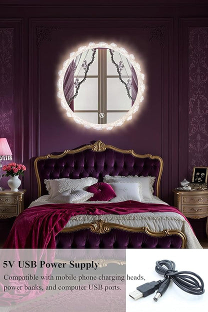 Crystal LED Vanity Mirror with Touch Control 3 Color Lights, Dimming 360° Rotation Elegant Luxury Wall Mounted HD Decorative Mirror(Wall Mounted Mirror-50cm)