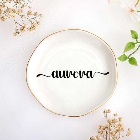 JoycuFF Aurora Personalized Name Ceramic Jewelry Tray, Mothers Day Christmas Anniversary Engagement Birthday Gifts for Women Couples, Trinket Dish for Rings Earrings Necklaces Bracelets Keys