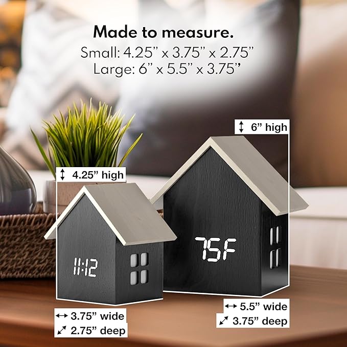 Driini Digital House Shaped Alarm Clock with Temperature Display (Dark Wood) – Modern Aesthetic with Cute Cube Frame and White LED Dimmer - Perfect Small Desk Clock for Bedside Table or Bedroom Mantle