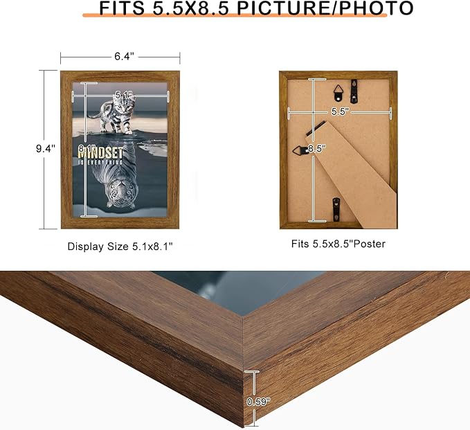 5.5x8.5 Picture Frame Brown, Rustic Natural 8.5x5.5in Photo/Portrait/Poster/Art Frame, Wall Hanging/Tabletop, Horizontal/Vertical Display Gallery Family Wedding Memorial Pic Frame Gift