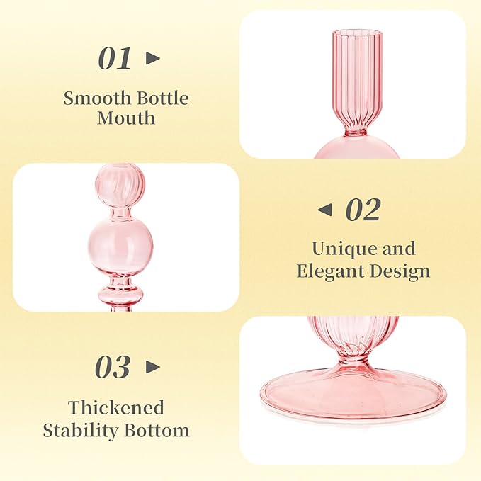 Hewory Glass Candlestick Holders Set: 3PCS Pink Candle Holder Taper Candle Holders Bulk, Crystal Ribbed Candle Sticks Holder Decor for Table Centerpiece Wedding Christmas Thanksgiving Dinner