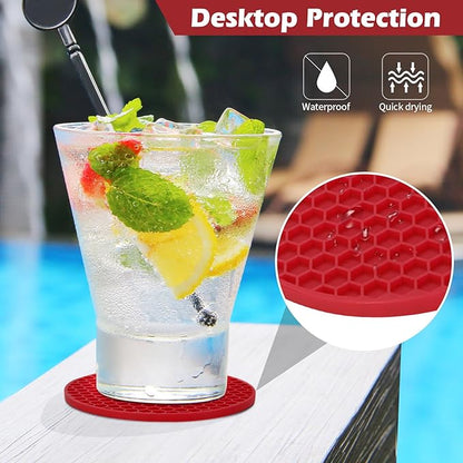 Silicone Coaster Set of 8 with Holder, Drinks Coasters, Beer & Coffee, Hot or Cold, Anti-Slip, Non-Stick, Anti-Overflow Tabletop Protection and Decor (8 Pcs, Wine Red)