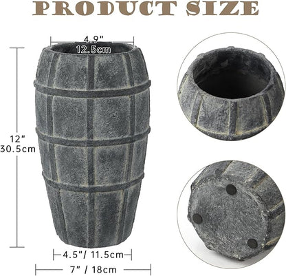 Briful Rustic Terracotta Flower Vase for Home Decor 12" Blue Farmhouse Textured Barrel-Style Ceramic Vase Vintage Handcrafted Gridded Design for Faux & Dried Flowers Living Room Table Centerpiece