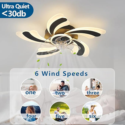 Ceiling Fan with Lights Remote Control, Black Modern Ceiling Fan with Light, 3 Light Color 6 Speeds Low Profile Flush Mount Ceiling Fan for Kitchen Bedroom Living Room