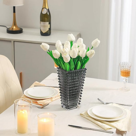 MCMCNCUIU Crystal Vase, Large Crystal Vases for Flowers, Black Large Flower Vase, Modern Glass Vases for Living Room, Bedroom, Kitchen, Dining Table, Mantle, Wedding, 9 Inches