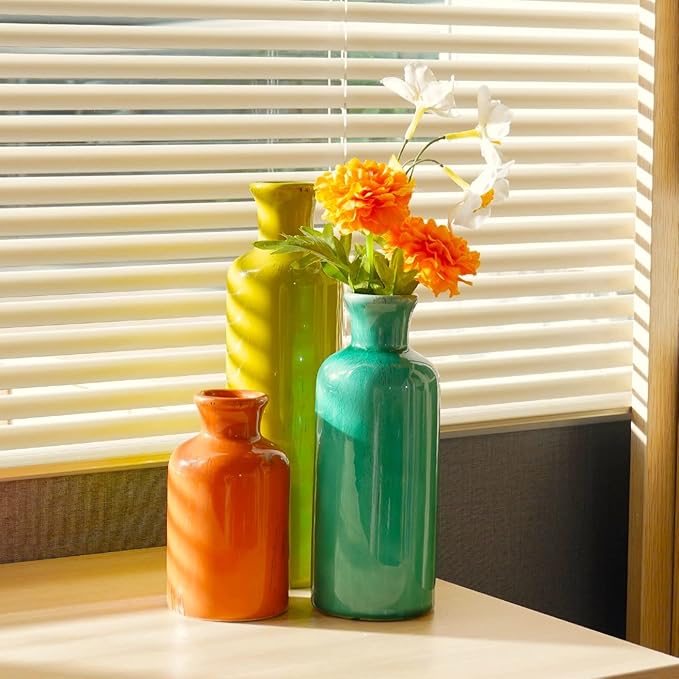 Colorful Ceramic Vase Set Home Decor - Set of 3 Flower Vases, Farmhouse Vases for Decor,Colorful Vase for Living Room,Office,Centerpiece Table Decorations,Boho Flower Mexican Pottery for Wedding