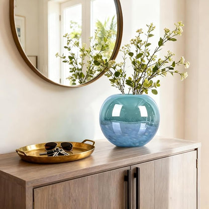 Teal Glass Vase – 7.1in Hand Blown Wide Mouth Art Glass Vase – Turquoise Decorative Vase for Flowers, Centerpieces, Bookshelf, Bathroom, Dining Table or Living Room Display