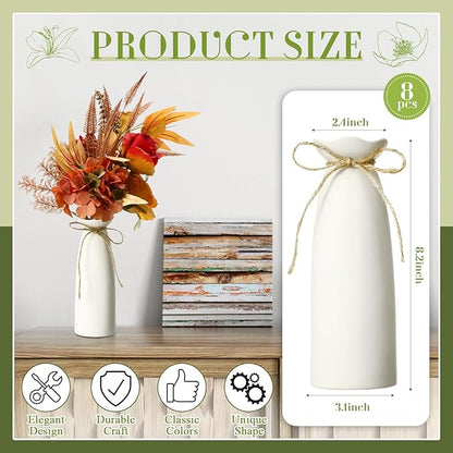Qinyoung White Ceramic Bud Vase Set of 8, 8'' Small White Flower Vase for Centerpieces, Modern Floral Decor for Wedding Party Dining Table Home Decoration(Fashionable)