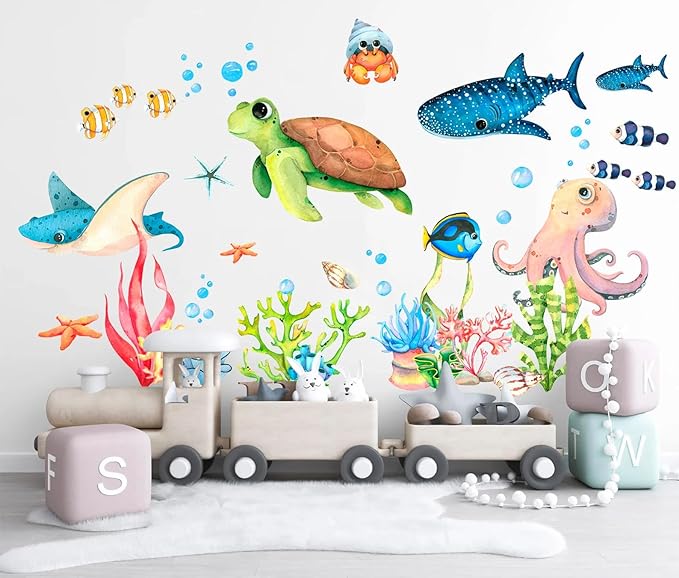 Watercolor Ocean Animals Wall Decal - Cartoon Underwater Fun with Turtle, Whale, and Octopus, Removable Reusable Peel-and-Stick Fabric Stickers for Kids' Room Décor(Small)