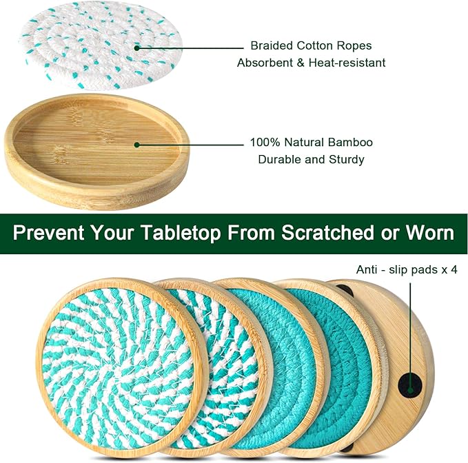 Bamboo Coasters for Drinks, Absorbent Coaster Sets of 5, Woven Drink Coasters for Coffee Table, Housewarming Gift for Farmhouse Home Decor,4 inches (Lake Blue Series)