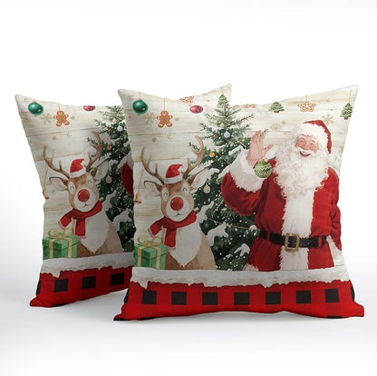 Christmas Pillow Covers 20x20 Set of 2 Red Santa Throw Pillow Covers Winter Deer Pillowcase Linen Decoration Farmhouse Cozy Soft Cushion Case Couch for Indoor Outdoor Home Decor