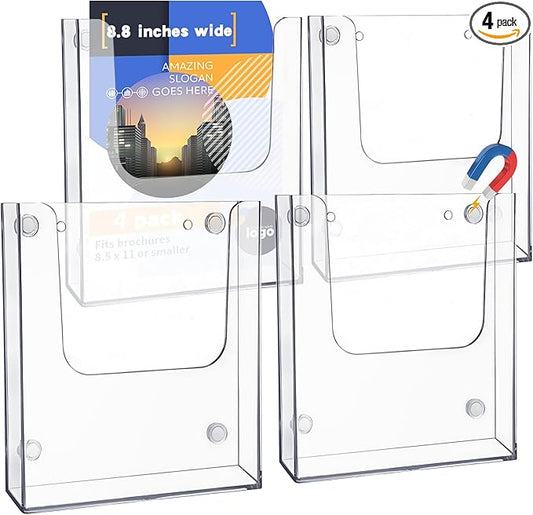 Thyle 4 Pieces 8.8 Inch Wide Magnetic Magazine Holder Acrylic Brochure Document Holder Pamphlet Flyer Display Clear Sign Stand for Metal Surfaces Refrigerators Wall Mount