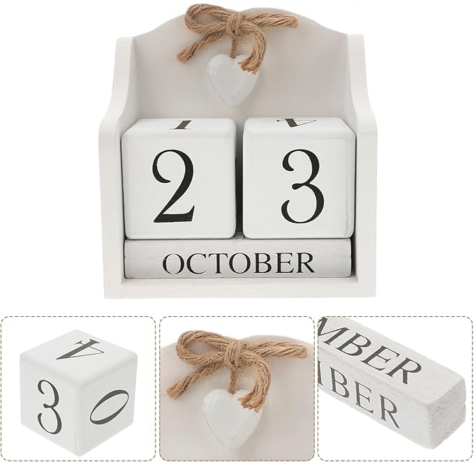 ULTNICE Wooden Perpetual Calendar Decorative Block for Home and Office Rustic European Style Date Display with White Finish Ideal Photography Prop and Desk Accessory (5.7 X 5.9 in)