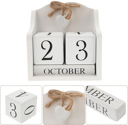 ULTNICE Wooden Perpetual Calendar Decorative Block for Home and Office Rustic European Style Date Display with White Finish Ideal Photography Prop and Desk Accessory (5.7 X 5.9 in)