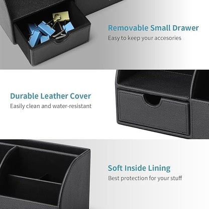 Vlando Office Desk Organizer Leather Desktop Organizer Caddy with Drawer for Storing Desktop Supplies and Accessories (Black Set)